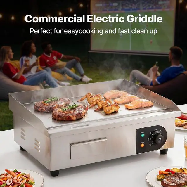Alt view image 2 of 7 - Commercial Electric Griddle, 22", 1600W Countertop Flat Top Griddle, Stainless Steel Teppanyaki Grill w/Iron Cooking Plate, 122-572 Adjustable Temp Control 2 Shovels & Brushes, 110V