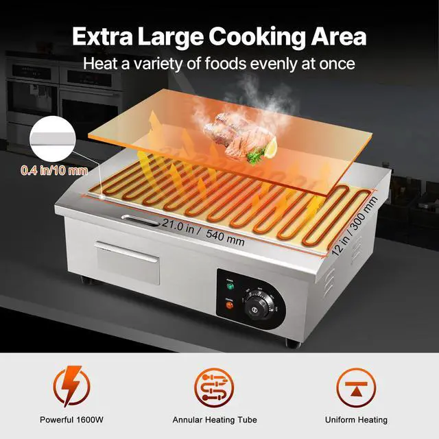 Alt view image 3 of 7 - Commercial Electric Griddle, 22", 1600W Countertop Flat Top Griddle, Stainless Steel Teppanyaki Grill w/Iron Cooking Plate, 122-572 Adjustable Temp Control 2 Shovels & Brushes, 110V