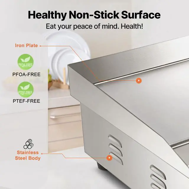 Alt view image 5 of 7 - Commercial Electric Griddle, 22", 1600W Countertop Flat Top Griddle, Stainless Steel Teppanyaki Grill w/Iron Cooking Plate, 122-572 Adjustable Temp Control 2 Shovels & Brushes, 110V