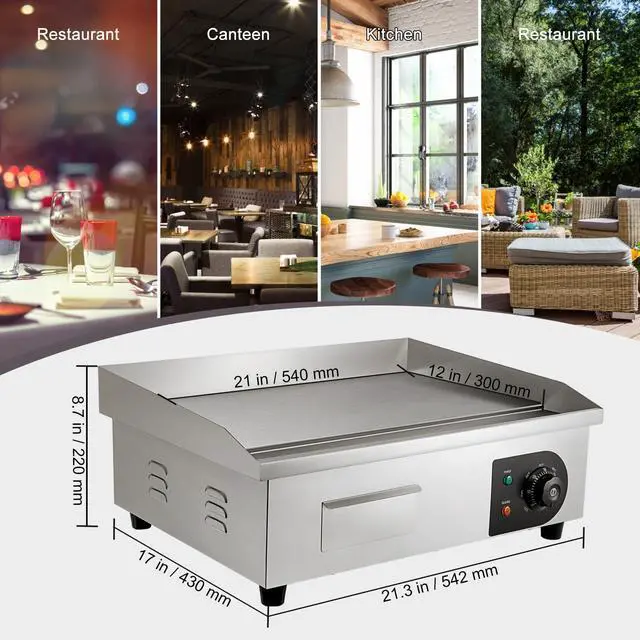 Alt view image 7 of 7 - Commercial Electric Griddle, 22", 1600W Countertop Flat Top Griddle, Stainless Steel Teppanyaki Grill w/Iron Cooking Plate, 122-572 Adjustable Temp Control 2 Shovels & Brushes, 110V