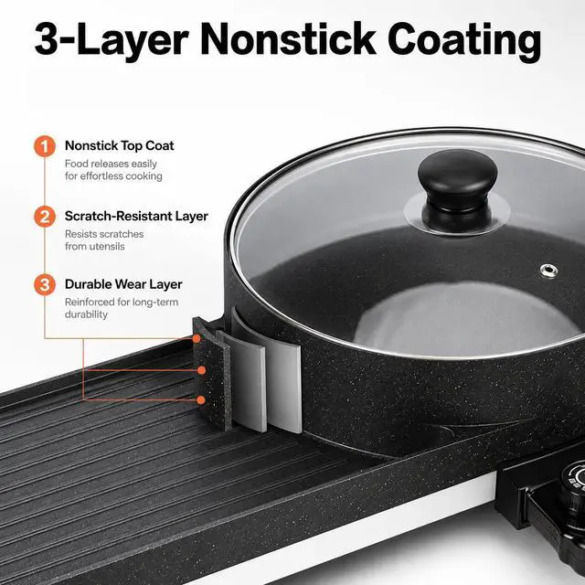 Alt view image 5 of 7 - Hot Pot with Grill, Korean BBQ Grill Indoor Hotpot Pot Electric Combo, Shabu Shabu Pot with Divider KBBQ Grill Smokeless Non-stick Separate Dual Temperature Control, for 2-12 People, 110V