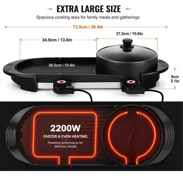 Alt view image 4 of 7 - Hot Pot with Grill, Korean BBQ Grill Indoor Hotpot Pot Electric Combo, Shabu Shabu Pot with Divider KBBQ Grill Smokeless Non-stick Separate Dual Temperature Control, for 2-12 People, 110V