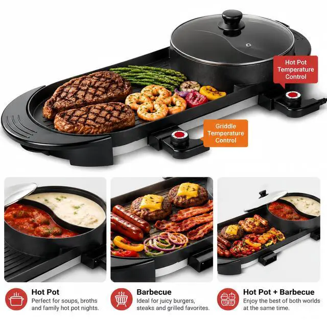 Alt view image 3 of 7 - Hot Pot with Grill, Korean BBQ Grill Indoor Hotpot Pot Electric Combo, Shabu Shabu Pot with Divider KBBQ Grill Smokeless Non-stick Separate Dual Temperature Control, for 2-12 People, 110V