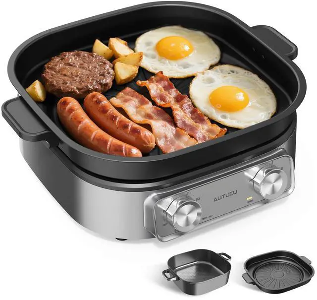 Main image of 6-Quart Electric Skillet with Grill | Non-Stick PFOA-Free Ceramic-Coated Pot, 1600W, Timer & 3 Power Settings for Steak, Egg, Ramen (Includes Tongs) Pot & Grill