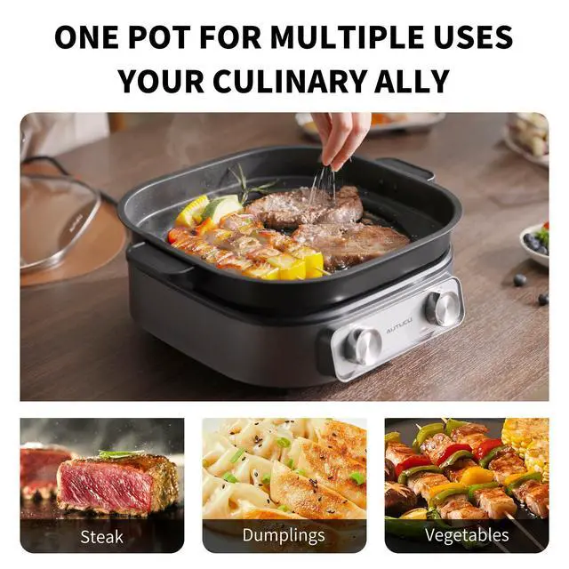 Alt view image 4 of 7 - 6-Quart Electric Skillet with Grill | Non-Stick PFOA-Free Ceramic-Coated Pot, 1600W, Timer & 3 Power Settings for Steak, Egg, Ramen (Includes Tongs) Pot & Grill