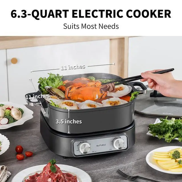 Alt view image 2 of 7 - 6-Quart Electric Skillet with Grill | Non-Stick PFOA-Free Ceramic-Coated Pot, 1600W, Timer & 3 Power Settings for Steak, Egg, Ramen (Includes Tongs) Pot & Grill