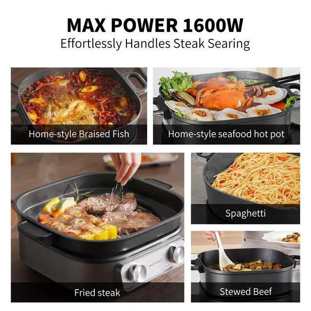 Alt view image 5 of 7 - 6-Quart Electric Skillet with Grill | Non-Stick PFOA-Free Ceramic-Coated Pot, 1600W, Timer & 3 Power Settings for Steak, Egg, Ramen (Includes Tongs) Pot & Grill