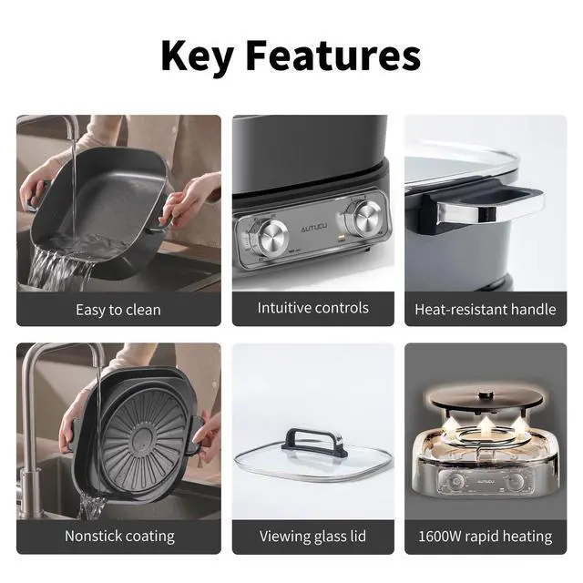 Alt view image 7 of 7 - 6-Quart Electric Skillet with Grill | Non-Stick PFOA-Free Ceramic-Coated Pot, 1600W, Timer & 3 Power Settings for Steak, Egg, Ramen (Includes Tongs) Pot & Grill