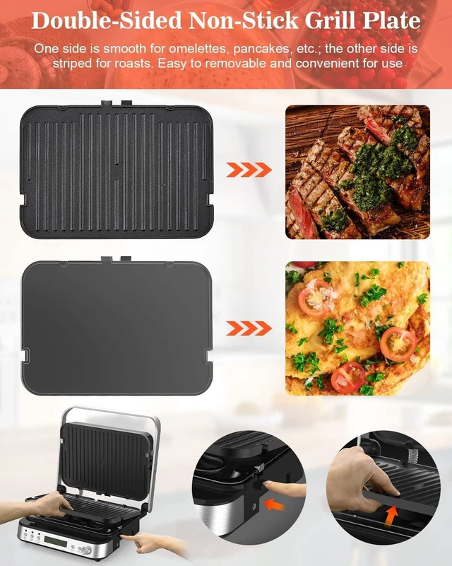 Alt view image 4 of 7 - CATTLEMAN Panini Press Grill Sandwich Maker with Removable Plates, 1600W, 5 in 1 Smokeless Indoor Grill & Griddle with Meat Thermometer, Electric Contact Grills for Kitchen, Stainless Steel