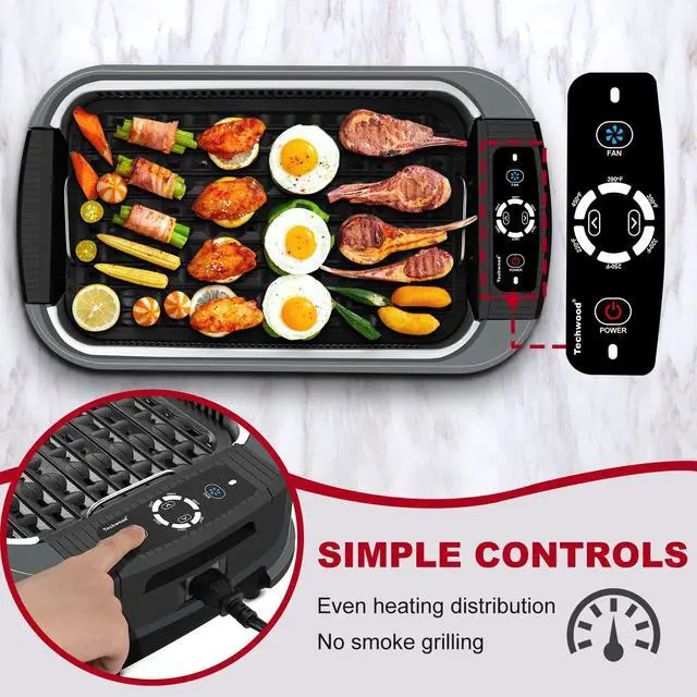 Alt view image 3 of 7 - Indoor Grill Smokeless Grill, 1500W Indoor Korean BBQ Electric Tabletop Grill with Tempered Glass Lid, Removable Grill and Griddle Plates with Drip Tray, Gray