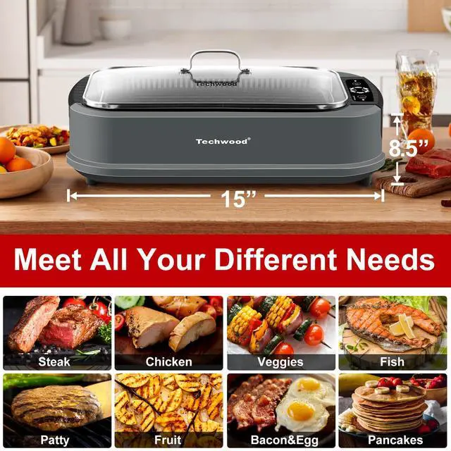 Alt view image 4 of 7 - Indoor Grill Smokeless Grill, 1500W Indoor Korean BBQ Electric Tabletop Grill with Tempered Glass Lid, Removable Grill and Griddle Plates with Drip Tray, Gray