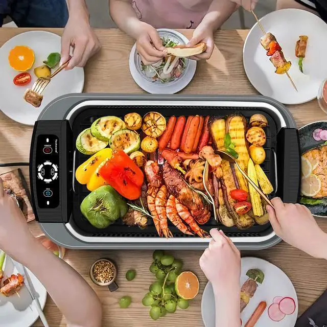 Alt view image 7 of 7 - Indoor Grill Smokeless Grill, 1500W Indoor Korean BBQ Electric Tabletop Grill with Tempered Glass Lid, Removable Grill and Griddle Plates with Drip Tray, Gray
