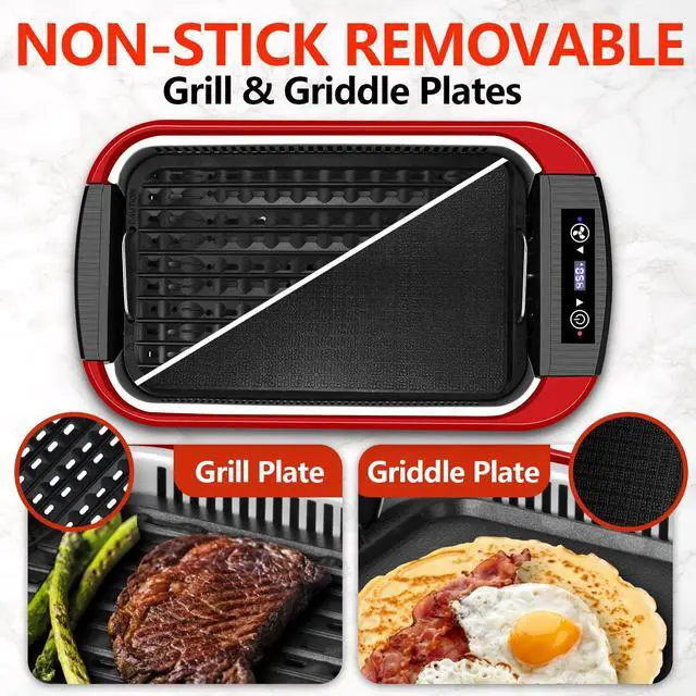 Alt view image 2 of 7 - Indoor Grill, Smokeless Grill Indoor, Electric Griddle, 1500W, Red