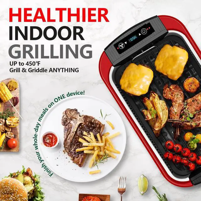 Alt view image 5 of 7 - Indoor Grill, Smokeless Grill Indoor, Electric Griddle, 1500W, Red
