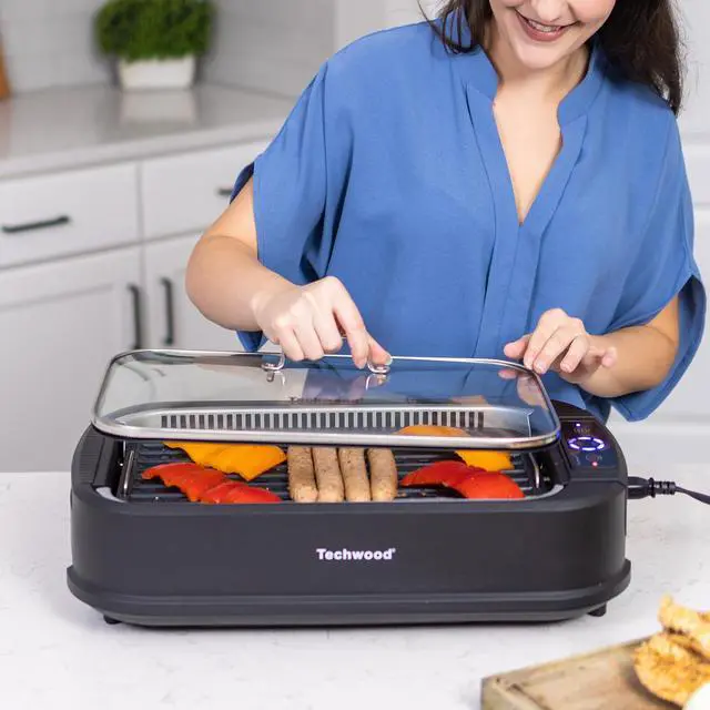 Alt view image 2 of 7 - Indoor Grill, 1500W Smokeless Electric Grill with Tempered Glass Lid, Compact & Portable Non-Stick BBQ Grill with 6-Level Control, Dishwasher Safe, Black
