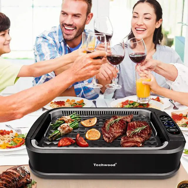 Alt view image 6 of 7 - Indoor Grill, 1500W Smokeless Electric Grill with Tempered Glass Lid, Compact & Portable Non-Stick BBQ Grill with 6-Level Control, Dishwasher Safe, Black