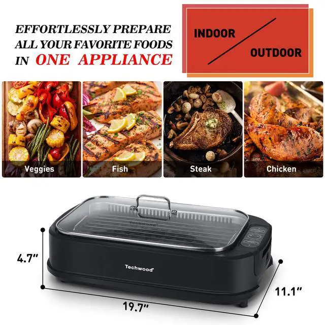 Alt view image 3 of 7 - Indoor Grill, 1500W Smokeless Electric Grill with Tempered Glass Lid, Compact & Portable Non-Stick BBQ Grill with 6-Level Control, Dishwasher Safe, Black