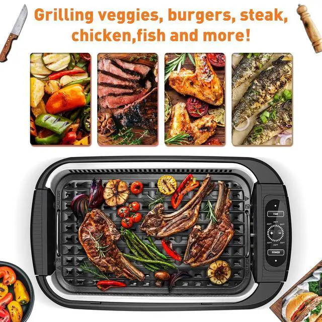 Alt view image 7 of 7 - Indoor Grill, 1500W Smokeless Electric Grill with Tempered Glass Lid, Compact & Portable Non-Stick BBQ Grill with 6-Level Control, Dishwasher Safe, Black