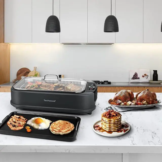 Alt view image 7 of 7 - Indoor Grill, 1500W Smokeless Electric Grill with 2 in1 Nonstick Grill/Griddle Plates, Portable Korean BBQ Grill with 6-Level Control, Glass Lid, Dishwasher Safe, Double Plates, Gray