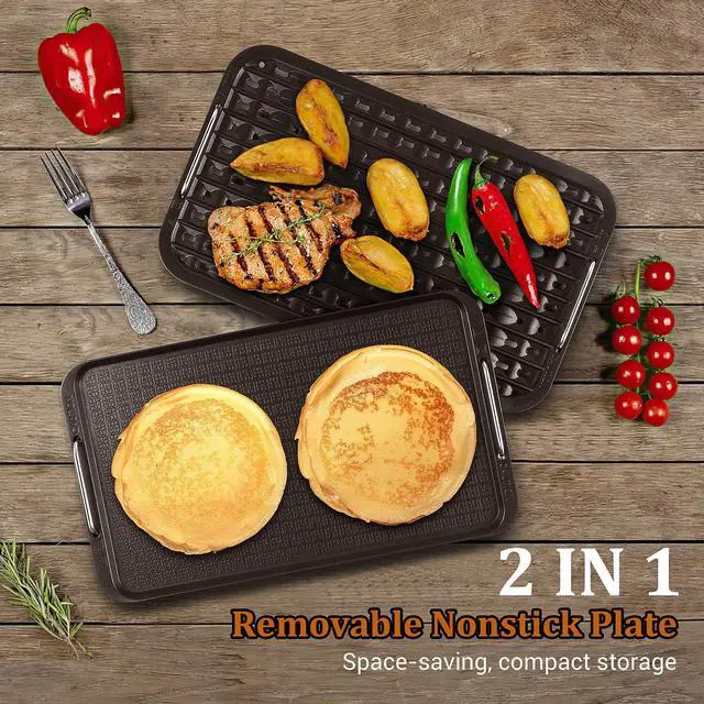 Alt view image 2 of 7 - Indoor Smokeless Grill, 1500W Electric Indoor Grill with Tempered Glass Lid, Portable Non-stick BBQ Korean, Turbo Smoke Extractor Technology, Drip Tray& Double Removable Plate, Black