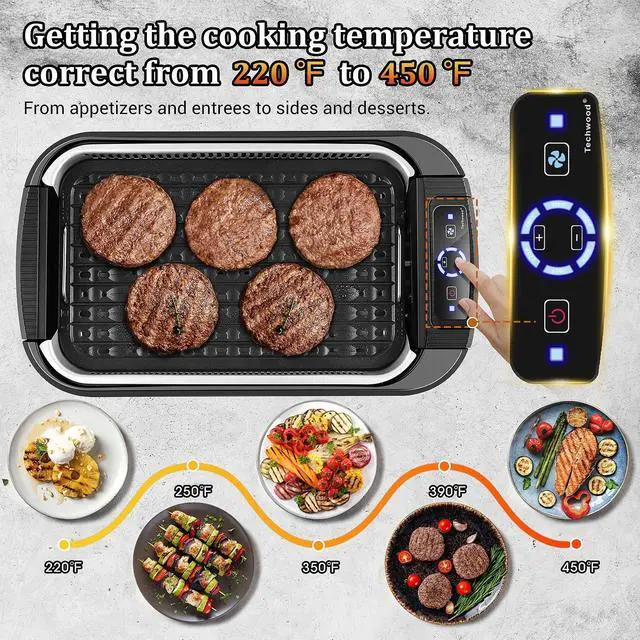 Alt view image 3 of 7 - Indoor Smokeless Grill, 1500W Electric Indoor Grill with Tempered Glass Lid, Portable Non-stick BBQ Korean, Turbo Smoke Extractor Technology, Drip Tray& Double Removable Plate, Black