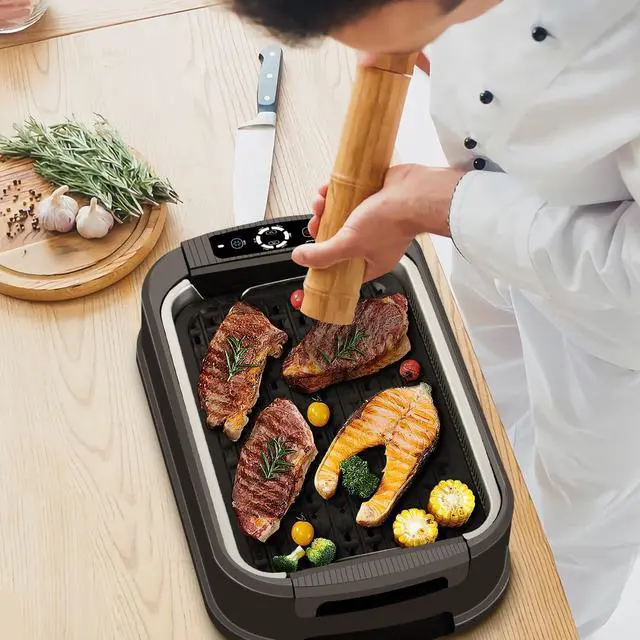 Alt view image 7 of 7 - Indoor Smokeless Grill, 1500W Electric Indoor Grill with Tempered Glass Lid, Portable Non-stick BBQ Korean, Turbo Smoke Extractor Technology, Drip Tray& Double Removable Plate, Black