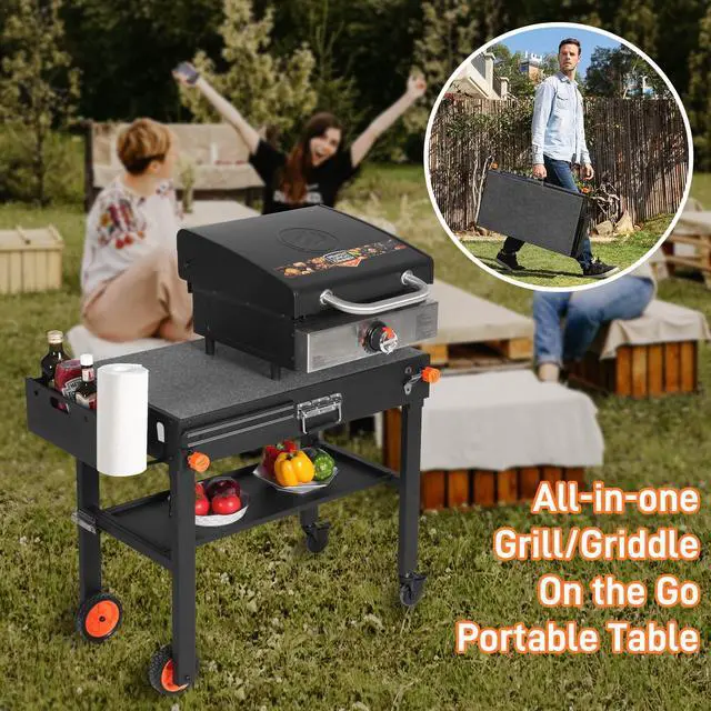 Alt view image 7 of 7 - Portable Outdoor Grill Table, Folding Grill Cart with Wheels