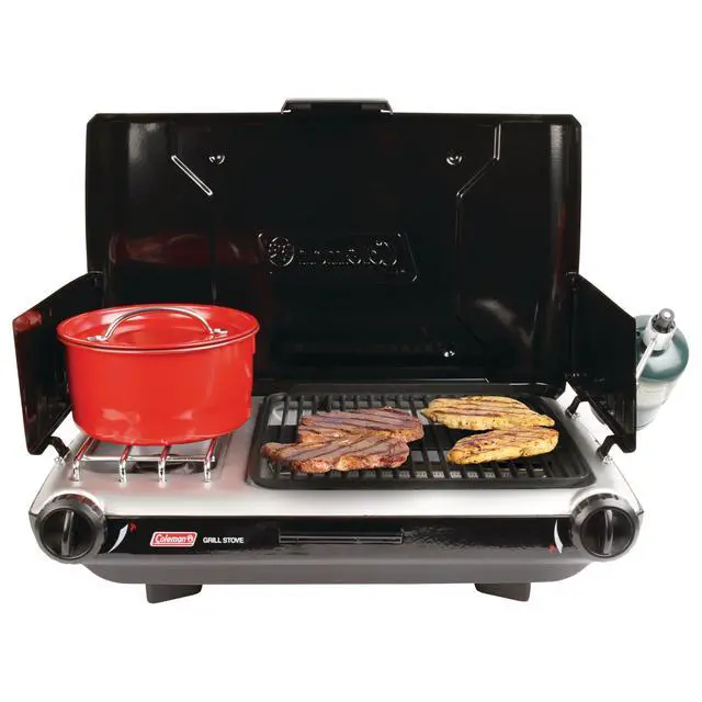 Alt view image 2 of 5 - Tabletop 2-in-1 Camping Grill/Stove, 2-Burner Propane Grill & Stove with Adjustable Burners & 20,000 BTUs of Power, Great for Camping, Tailgating, Grilling