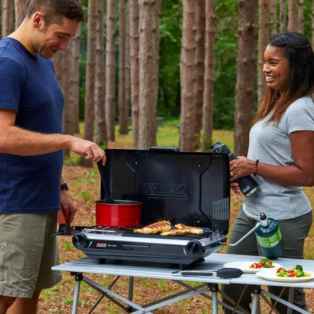 Alt view image 4 of 5 - Tabletop 2-in-1 Camping Grill/Stove, 2-Burner Propane Grill & Stove with Adjustable Burners & 20,000 BTUs of Power, Great for Camping, Tailgating, Grilling
