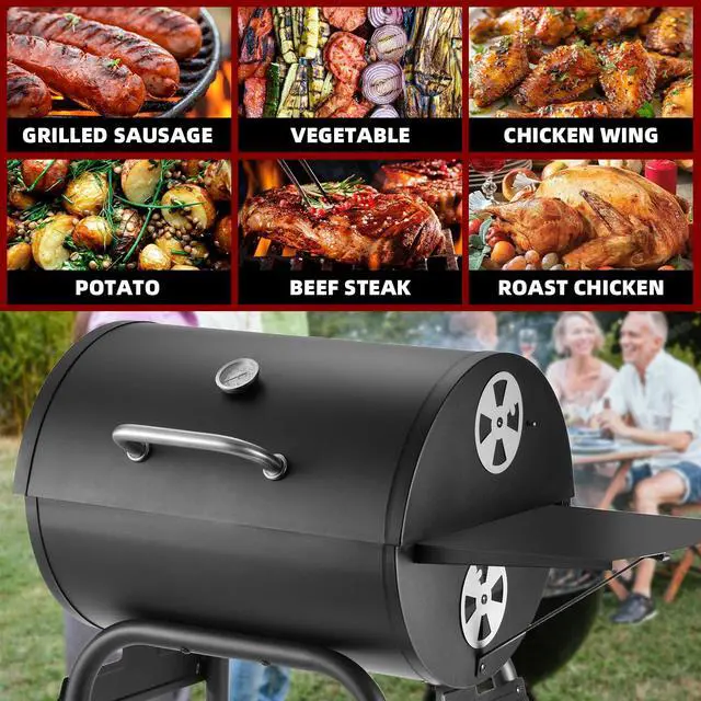 Alt view image 7 of 7 - Charcoal Grill Outdoor BBQ Grill, Barrel Charcoal Grills with Side Table, with Nearly 500 Sq.In. Cooking Grid Area, Outdoor Backyard Camping Picnics, Patio and Parties, Black by