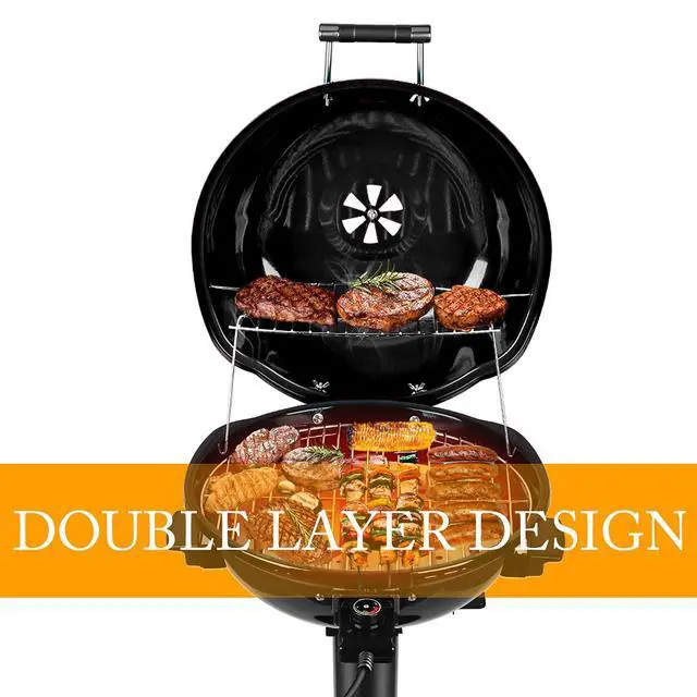 Alt view image 4 of 7 - Electric BBQ Grill 15-Serving Indoor/Outdoor Electric Grill for Indoor & Outdoor Use, Double Layer Design, Portable Removable Stand Grill, 1600W (Stand Black BBQ Grills)