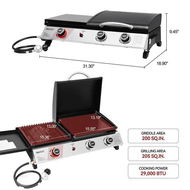 Alt view image 3 of 7 - PD1305H 3-Burner Propane Gas Grill, Griddle Combo with Lid