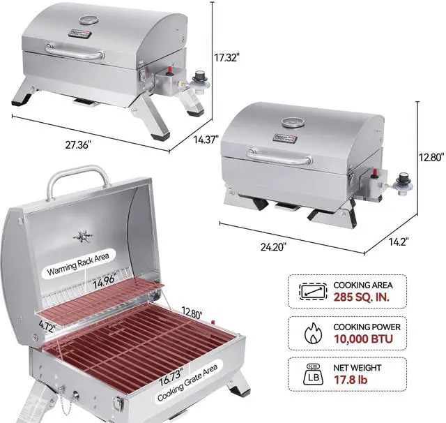 Alt view image 4 of 7 - GT1001 Stainless Steel Portable Grill, 10000 BTU BBQ Tabletop Gas Grill with Folding Legs and Lockable Lid, Outdoor Camping, Deck and Tailgating, Silver