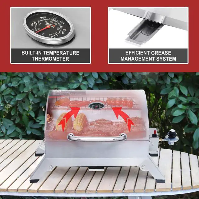 Alt view image 6 of 7 - GT1001 Stainless Steel Portable Grill, 10000 BTU BBQ Tabletop Gas Grill with Folding Legs and Lockable Lid, Outdoor Camping, Deck and Tailgating, Silver
