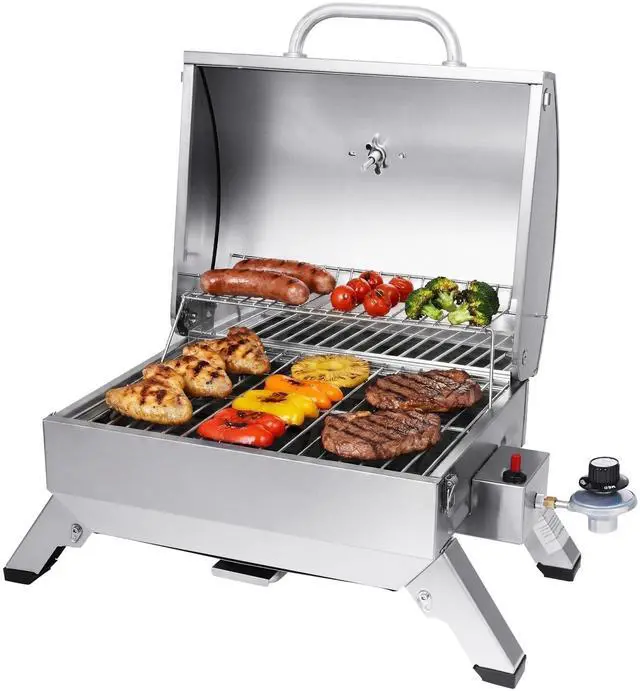 Alt view image 2 of 7 - GT1001 Stainless Steel Portable Grill, 10000 BTU BBQ Tabletop Gas Grill with Folding Legs and Lockable Lid, Outdoor Camping, Deck and Tailgating, Silver