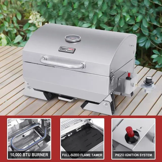 Alt view image 5 of 7 - GT1001 Stainless Steel Portable Grill, 10000 BTU BBQ Tabletop Gas Grill with Folding Legs and Lockable Lid, Outdoor Camping, Deck and Tailgating, Silver