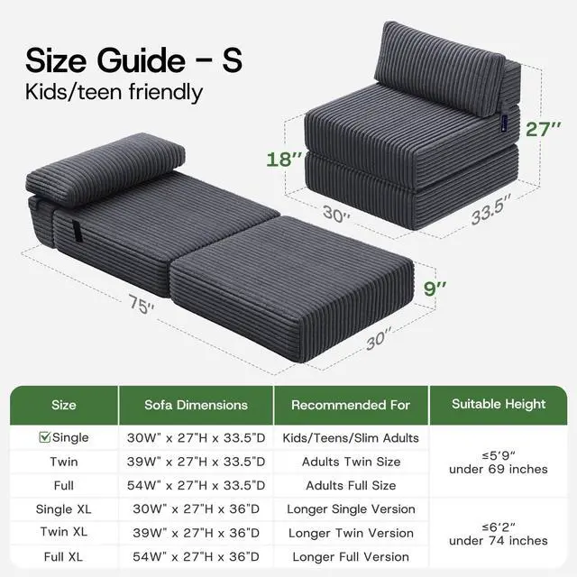 Alt view image 2 of 7 - Convertible 4-in-1 Folding Sofa Bed Boneless Sleeper Chair Couch Foldable Chaise Lounger & Mattress Pocket Coils+Foam Fill Medium Support, No Assembly for Living Room/Bedroom, Single
