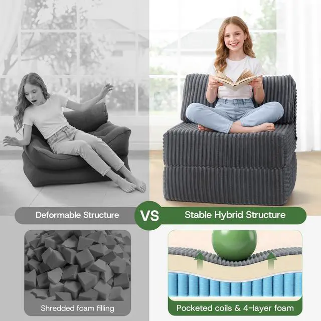 Alt view image 3 of 7 - Convertible 4-in-1 Folding Sofa Bed Boneless Sleeper Chair Couch Foldable Chaise Lounger & Mattress Pocket Coils+Foam Fill Medium Support, No Assembly for Living Room/Bedroom, Single