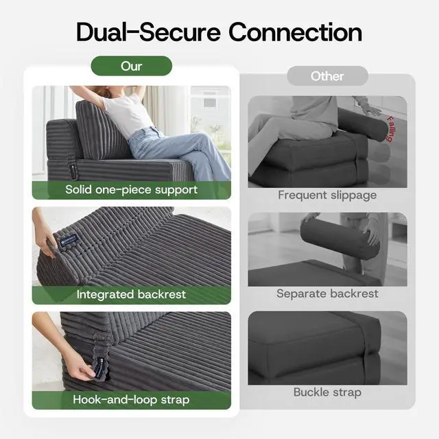 Alt view image 6 of 7 - Convertible 4-in-1 Folding Sofa Bed Boneless Sleeper Chair Couch Foldable Chaise Lounger & Mattress Pocket Coils+Foam Fill Medium Support, No Assembly for Living Room/Bedroom, Single