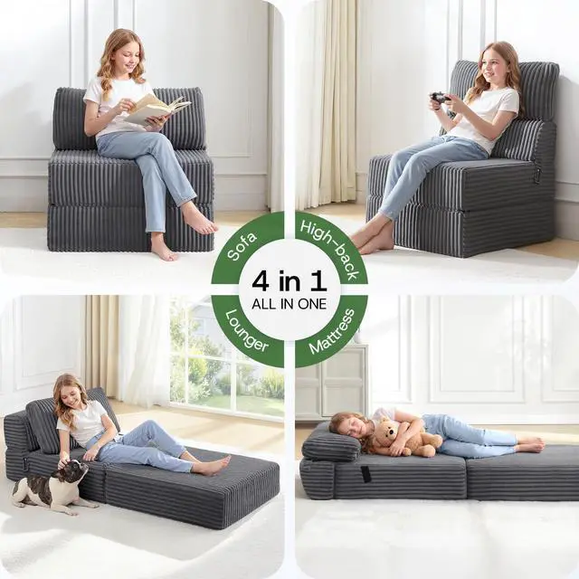 Alt view image 5 of 7 - Convertible 4-in-1 Folding Sofa Bed Boneless Sleeper Chair Couch Foldable Chaise Lounger & Mattress Pocket Coils+Foam Fill Medium Support, No Assembly for Living Room/Bedroom, Single