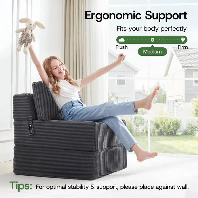 Alt view image 7 of 7 - Convertible 4-in-1 Folding Sofa Bed Boneless Sleeper Chair Couch Foldable Chaise Lounger & Mattress Pocket Coils+Foam Fill Medium Support, No Assembly for Living Room/Bedroom, Single