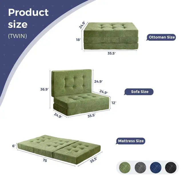 Alt view image 2 of 7 - 6" Folding Sofa Bed for Floor, Tufted Tri-Fold Floor Mattress