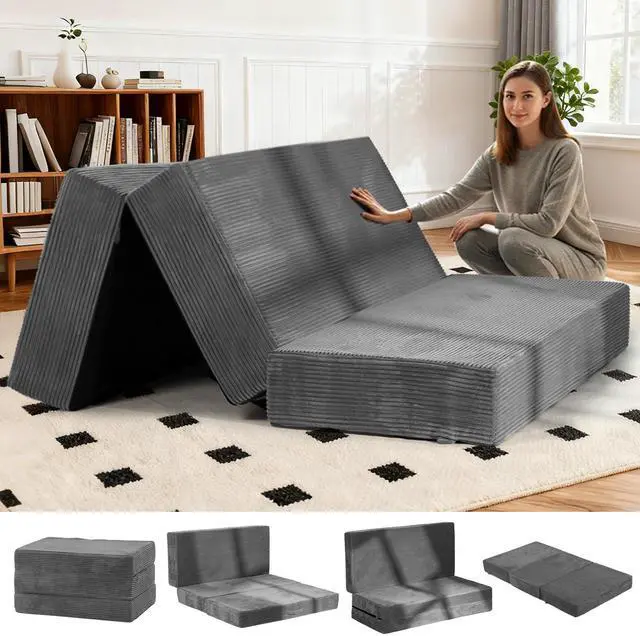 Main image of 6-Inch Tri-Fold Foldable Mattress, Folding Sofa Bed with Removable Washable Cover, Portable Futon Mattress Full Size Floor Guest Mat with Non-Slip Bottom & Carry Handles for Camping (Grey, Queen)