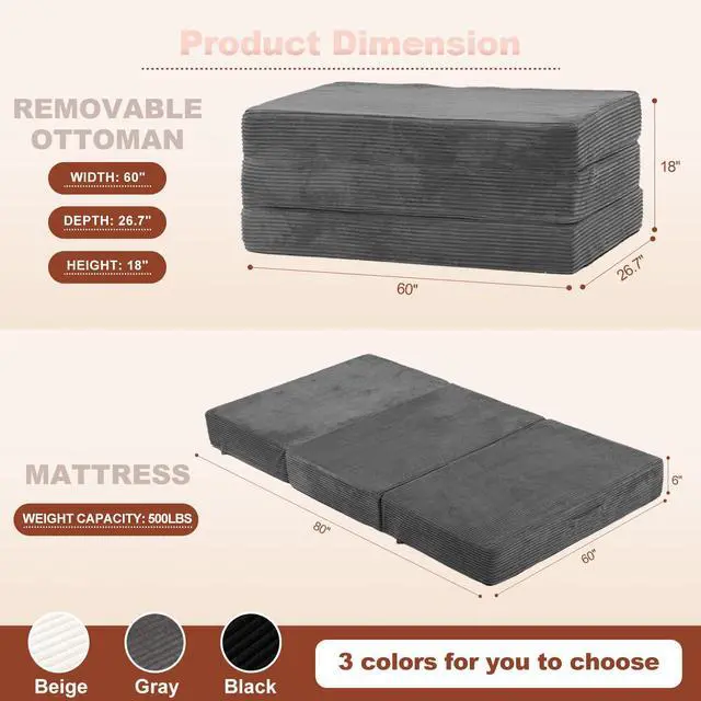 Alt view image 2 of 7 - 6-Inch Tri-Fold Foldable Mattress, Folding Sofa Bed with Removable Washable Cover, Portable Futon Mattress Full Size Floor Guest Mat with Non-Slip Bottom & Carry Handles for Camping (Grey, Queen)