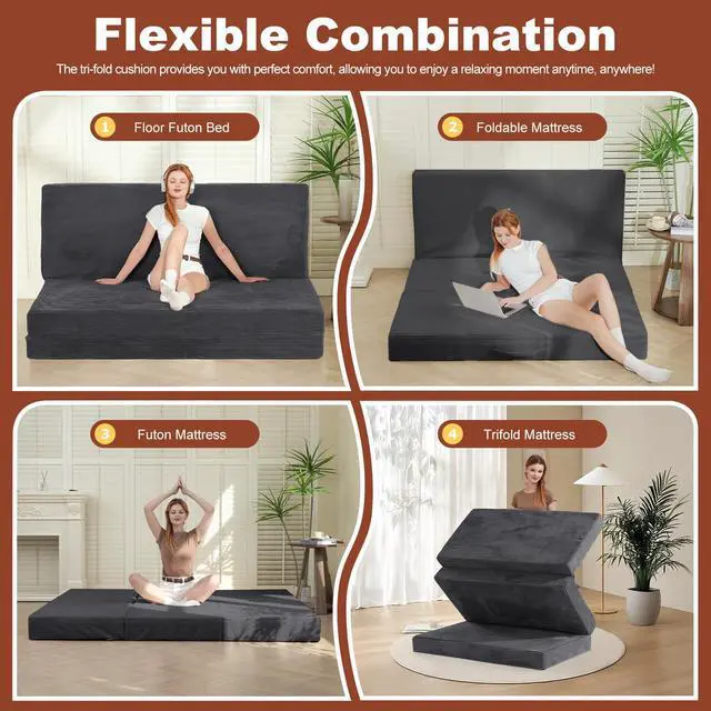 Alt view image 3 of 7 - 6-Inch Tri-Fold Foldable Mattress, Folding Sofa Bed with Removable Washable Cover, Portable Futon Mattress Full Size Floor Guest Mat with Non-Slip Bottom & Carry Handles for Camping (Grey, Queen)