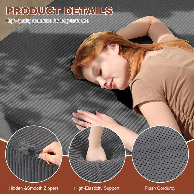 Alt view image 4 of 7 - 6-Inch Tri-Fold Foldable Mattress, Folding Sofa Bed with Removable Washable Cover, Portable Futon Mattress Full Size Floor Guest Mat with Non-Slip Bottom & Carry Handles for Camping (Grey, Queen)