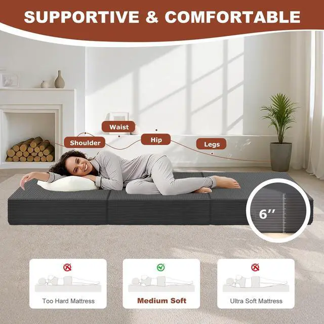 Alt view image 5 of 7 - 6-Inch Tri-Fold Foldable Mattress, Folding Sofa Bed with Removable Washable Cover, Portable Futon Mattress Full Size Floor Guest Mat with Non-Slip Bottom & Carry Handles for Camping (Grey, Queen)