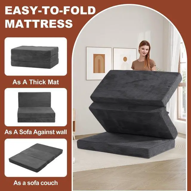 Alt view image 6 of 7 - 6-Inch Tri-Fold Foldable Mattress, Folding Sofa Bed with Removable Washable Cover, Portable Futon Mattress Full Size Floor Guest Mat with Non-Slip Bottom & Carry Handles for Camping (Grey, Queen)
