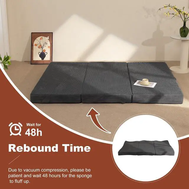 Alt view image 7 of 7 - 6-Inch Tri-Fold Foldable Mattress, Folding Sofa Bed with Removable Washable Cover, Portable Futon Mattress Full Size Floor Guest Mat with Non-Slip Bottom & Carry Handles for Camping (Grey, Queen)