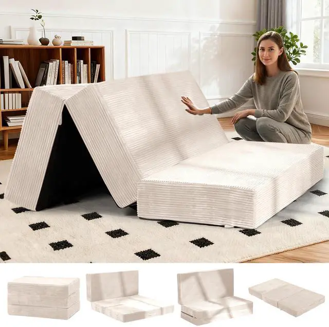 Main image of 6-Inch Tri-Fold Foldable Mattress, Folding Sofa Bed with Removable Washable Cover, Portable Futon Mattress Full Size Floor Guest Mat with Non-Slip Bottom & Carry Handles for Camping (Beige, Queen)